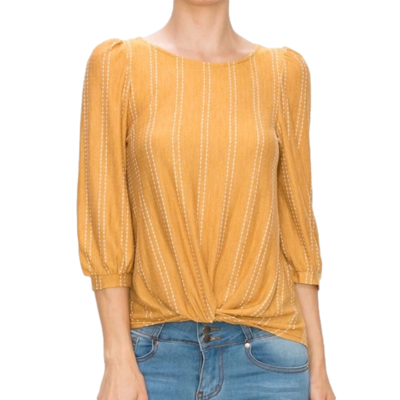 W5 Tops - W5 Mustard Yellow Dot Stripe 3/4 Puff Sleeve Twist Front Top Size L